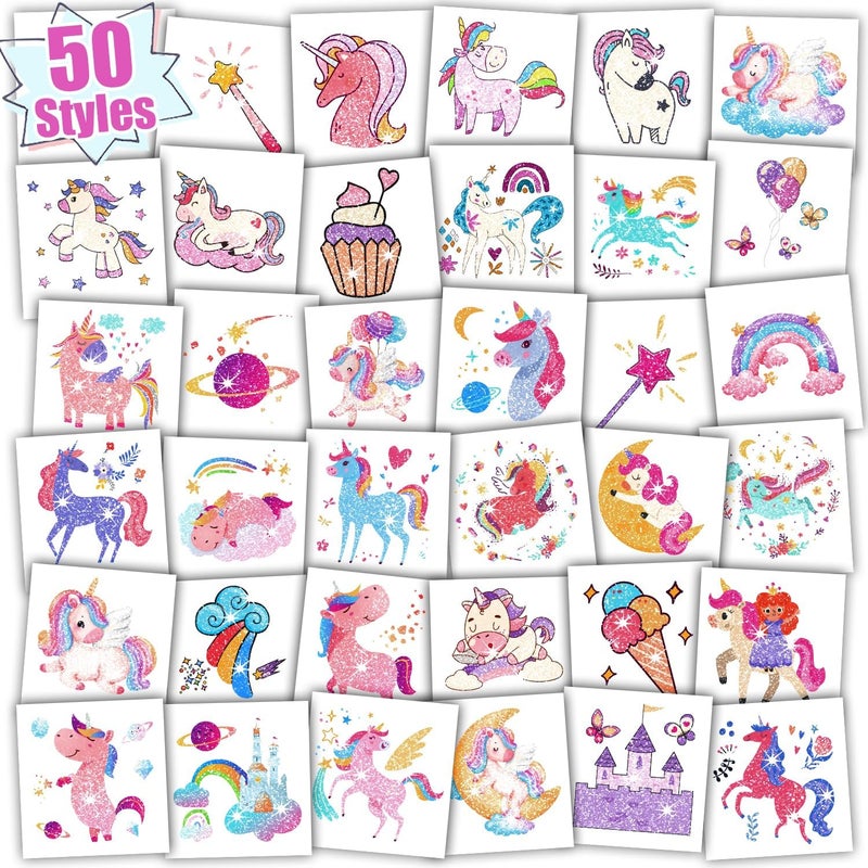 Partywind Glitter Temporary Tattoos for Kids Girls Birthday Party Supplies Favors Decorations Kids Goodie Bag Stuffers Fake Tattoo Stickers for Back to School Party Games Prizes 50 Sheets
